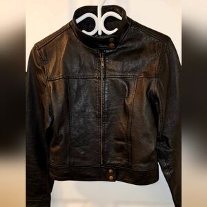 Ladies Black Leather Motorcycle Bomber Jacket Size M​